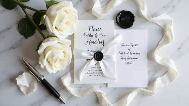An elegant black and white wedding invitation suite flatlay on white marble with a vellum overlay, silk ribbon, silver dip pen, white rose petals, and a matte black wax seal; featuring soft, cinematic lighting.