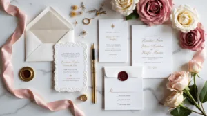 Ultimate Guide to Luxury Wedding Invitations: Making Your First Impression Unforgettable A luxurious overhead flatlay composition of a wedding invitation suite on Carrara marble, featuring white letterpress on handmade cotton paper with gold foil, surrounded by RSVP cards, vellum overlays, silk ribbons, roses, calligraphy envelopes, wax seals, dried flowers, and antique fountain pens, in a color palette of ivory, blush, gold, and burgundy.
