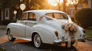 A vintage white Rolls Royce decorated with ivory silk ribbons and blush garden roses, photographed during golden hour with a low perspective, showcasing dramatic lighting and a romantic garden setting in soft focus.