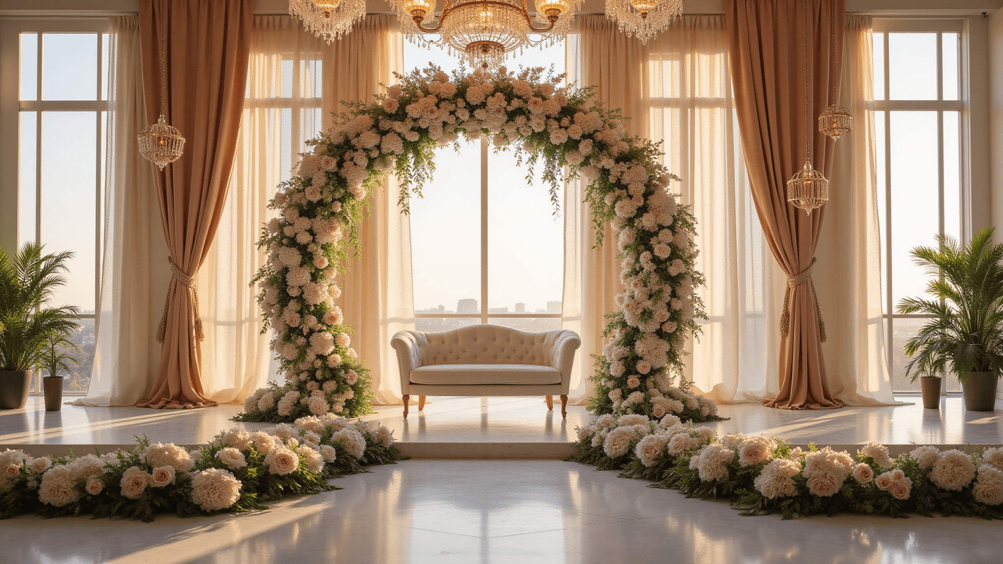 A grand wedding stage at golden hour featuring a 15-foot floral arch of white orchids, blush roses, and ivy, with an ivory velvet loveseat, champagne silk drapes, and geometric rose gold installations, all illuminated by crystal chandeliers and filtered sunlight.
