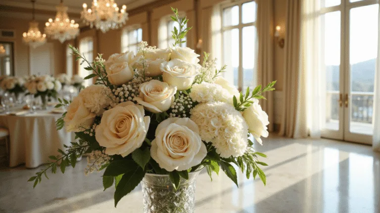 Photorealistic close-up of an opulent white floral arrangement in a crystal vase, featuring garden roses, peonies, hydrangeas, and calla lilies, with soft natural light highlighting the petals against a grand ballroom backdrop during golden hour.