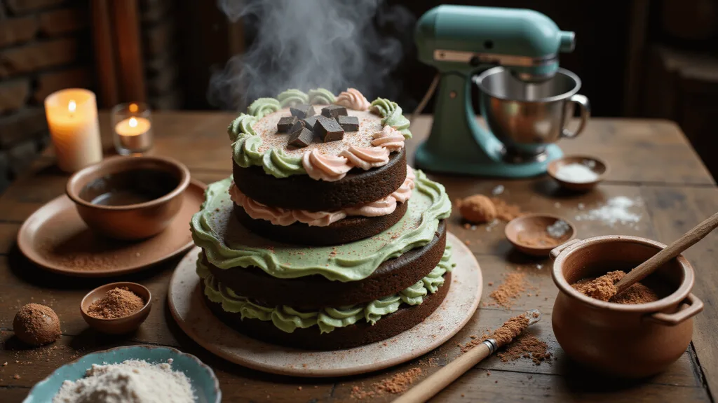 Overhead view of a chocolate cake on a rustic table in Hagrid's hut, surrounded by baking ingredients and magical elements, illuminated by candlelight and floating orbs.