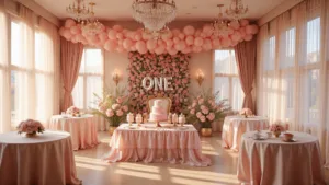 A wide-angle view of an enchanting ballroom set for a baby's first birthday, featuring natural light, pink and rose gold balloon decor, a tiered ruffle cake, tulle drapes, fairy lights, silk linens, fresh rose centerpieces, a golden throne, and iridescent bubbles, all in warm golden hour lighting.