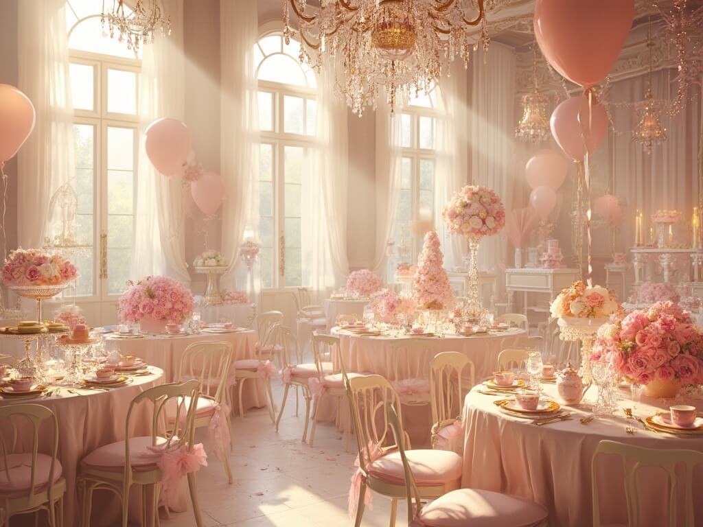 A sun-lit ballroom with round tables in champagne silk, adorned with pink and gold tea sets, pink peonies, and white orchids. Crystal chandeliers and scattered fairy lights enhance the ambiance. Gold-rimmed chargers and ornate silver cutlery on display, surrounded by ivory chiavari chairs with blush cushions. Pearl balloons and flowing tulle drapery embellish tall windows; a dessert table offers pastel macarons and cupcakes. Soft natural light creates an ethereal atmosphere.