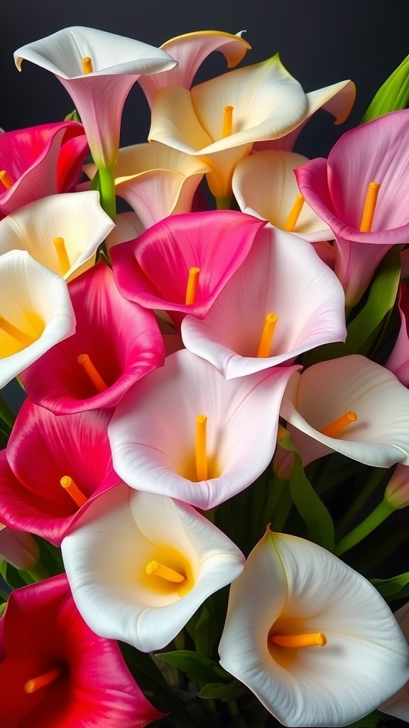 50 Stunning Flower Phone Wallpapers to Brighten Your Screen A close-up display of colorful calla lilies in shades of pink, white, and yellow.
