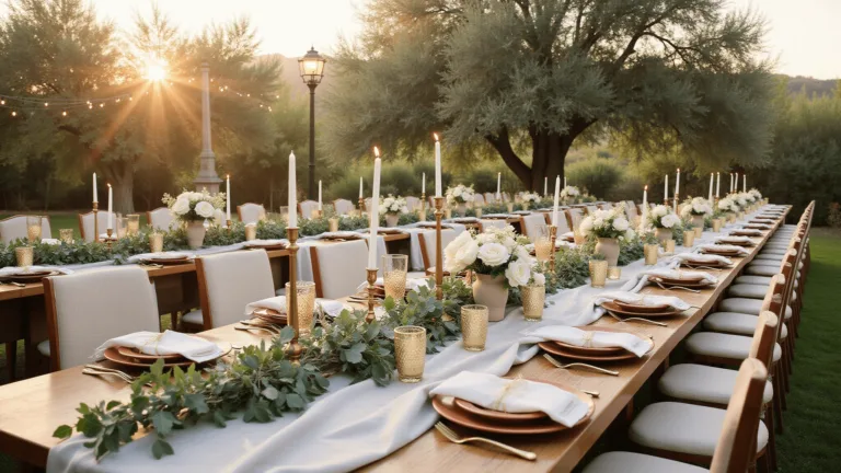 A photorealistic image of an elegant Mediterranean outdoor wedding tablescape during golden hour, with parallel wooden tables decorated with ivory linens, olive and eucalyptus garlands, terracotta chargers, brass candlesticks, votives, and stone vessels with white flowers. Overhead, bistro lights create a canopy, with golden sunlight filtering through olive trees.