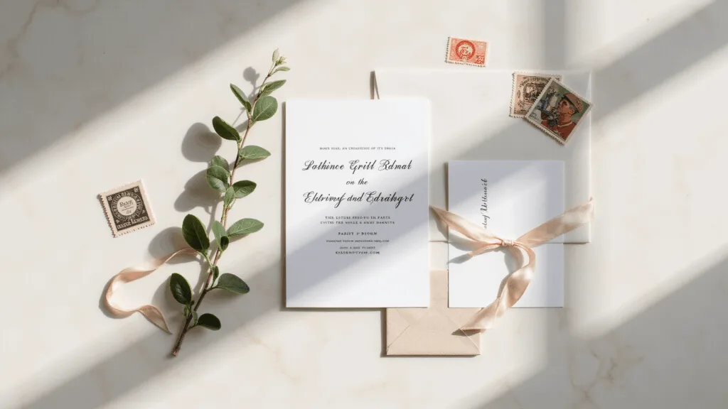 Photorealistic flat lay of a minimalist wedding invitation suite on a creamy white marble surface, featuring a white invitation with black serif typography, a matching RSVP card, a gold wax seal with ribbon, a fresh eucalyptus sprig, and vintage postage stamps, captured in soft morning light with warm cinematic color grading and shallow depth of field.