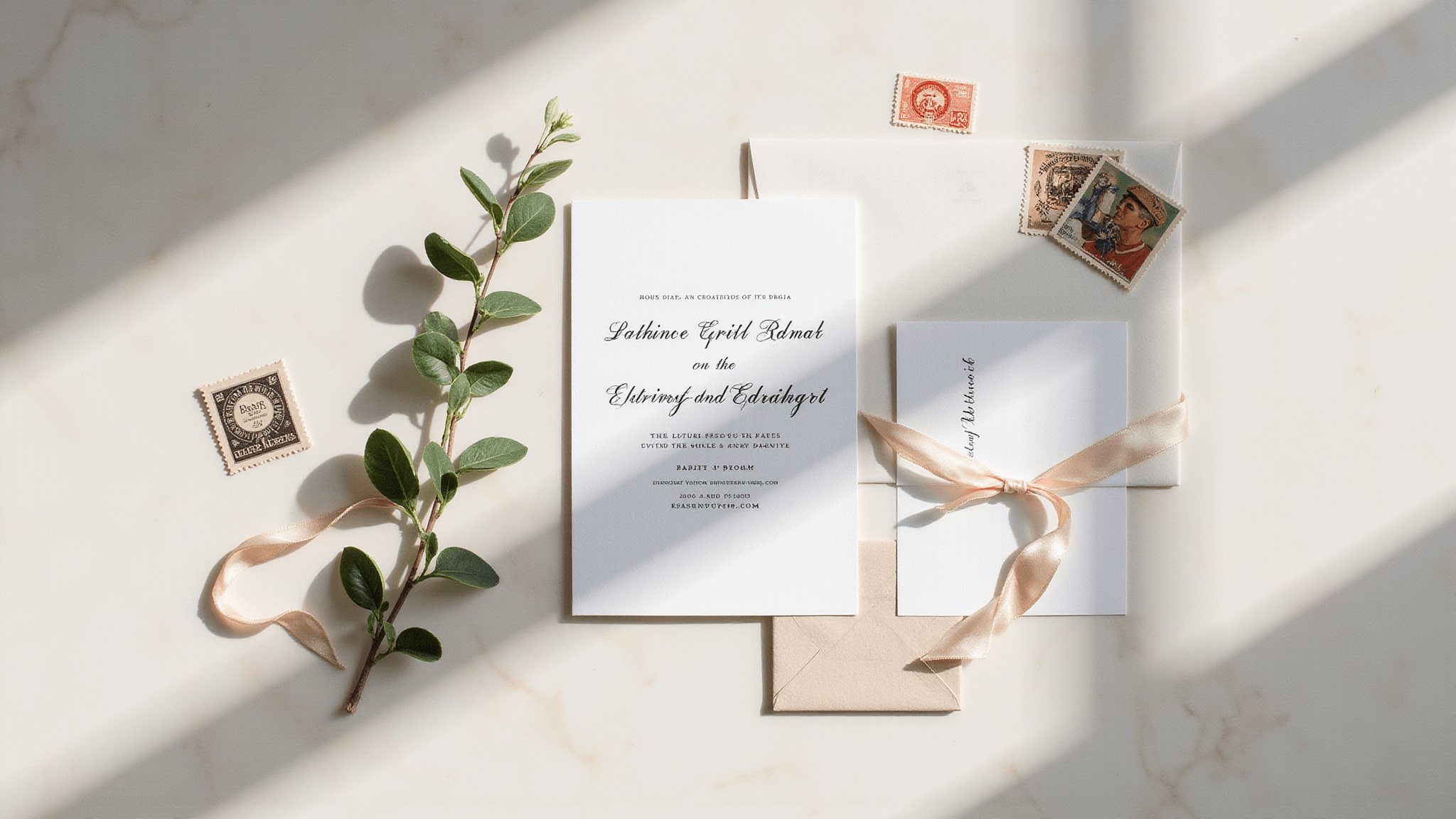 Photorealistic flat lay of a minimalist wedding invitation suite on a creamy white marble surface, featuring a white invitation with black serif typography, a matching RSVP card, a gold wax seal with ribbon, a fresh eucalyptus sprig, and vintage postage stamps, captured in soft morning light with warm cinematic color grading and shallow depth of field.