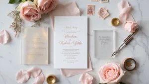 Ultra-detailed flatlay of modern acrylic wedding invitations on white marble, featuring gold and silver metallic etching, blush pink rose petals, vintage stamps, calligraphy tools, and prismatic light effects.