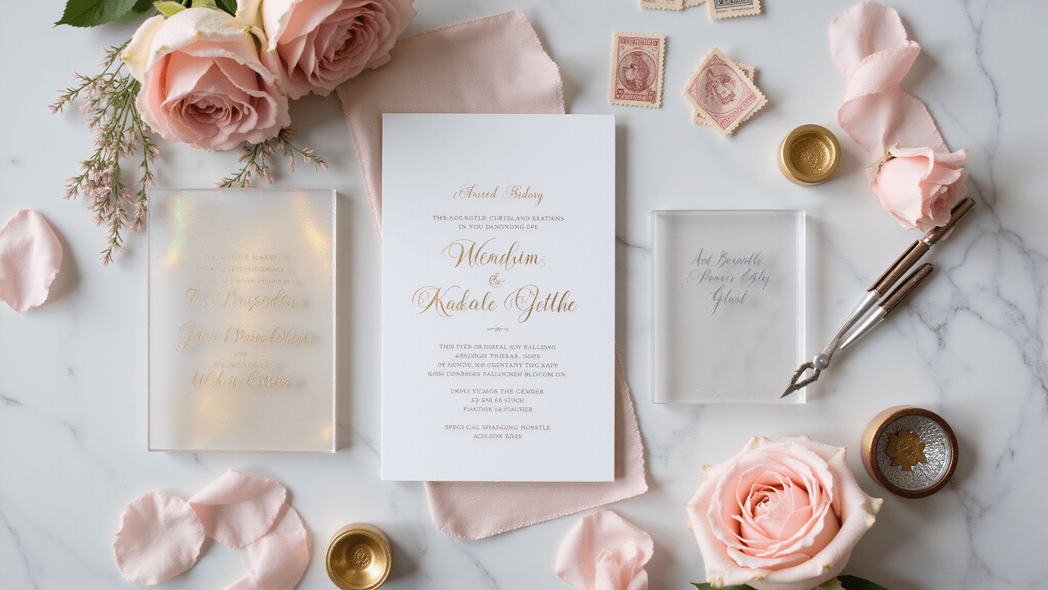 Ultra-detailed flatlay of modern acrylic wedding invitations on white marble, featuring gold and silver metallic etching, blush pink rose petals, vintage stamps, calligraphy tools, and prismatic light effects.