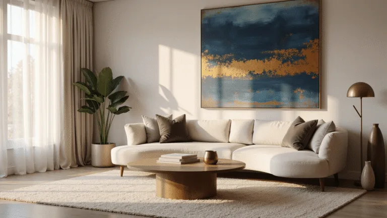A sunlit modern living room featuring a curved cream bouclé sofa, plush ivory Moroccan rug, and dramatic oversized abstract art in deep blues and metallic golds, complemented by muted velvet accent pillows, a fiddle leaf fig plant, sheer white linen drapes, and layered ambient lighting.