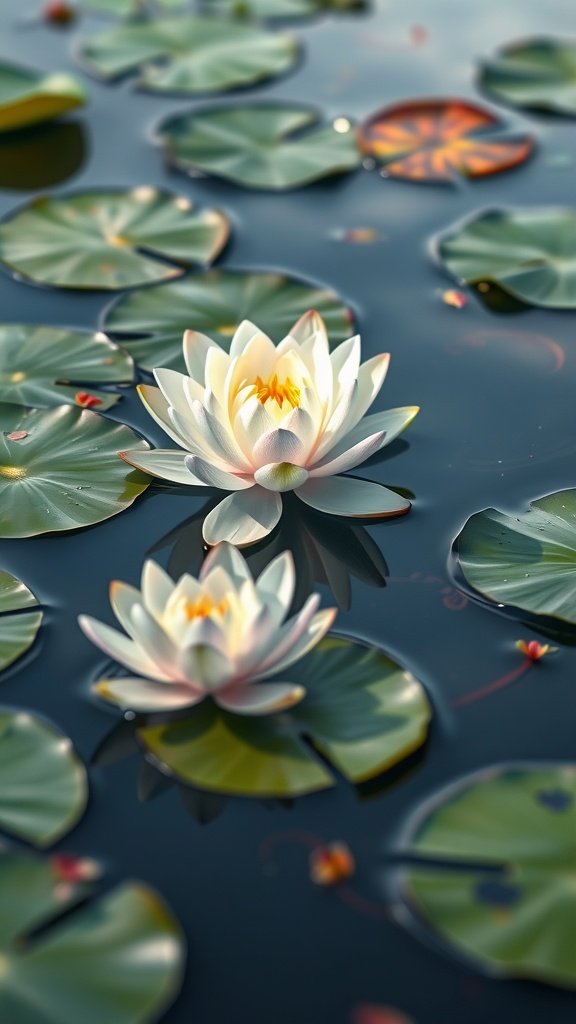 50 Stunning Flower Phone Wallpapers to Brighten Your Screen Two white lotus flowers on water surrounded by green lily pads.