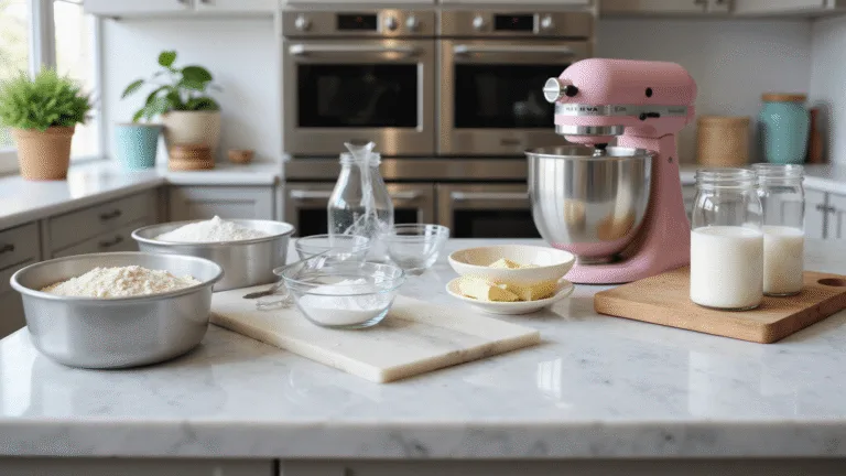 A beautifully organized professional bakery kitchen with natural sunlight, featuring a marble countertop with baking ingredients like cake pans, flour, eggs, sugar, butter, a pastel pink KitchenAid mixer, and various measuring tools, creating an inspiring atmosphere.