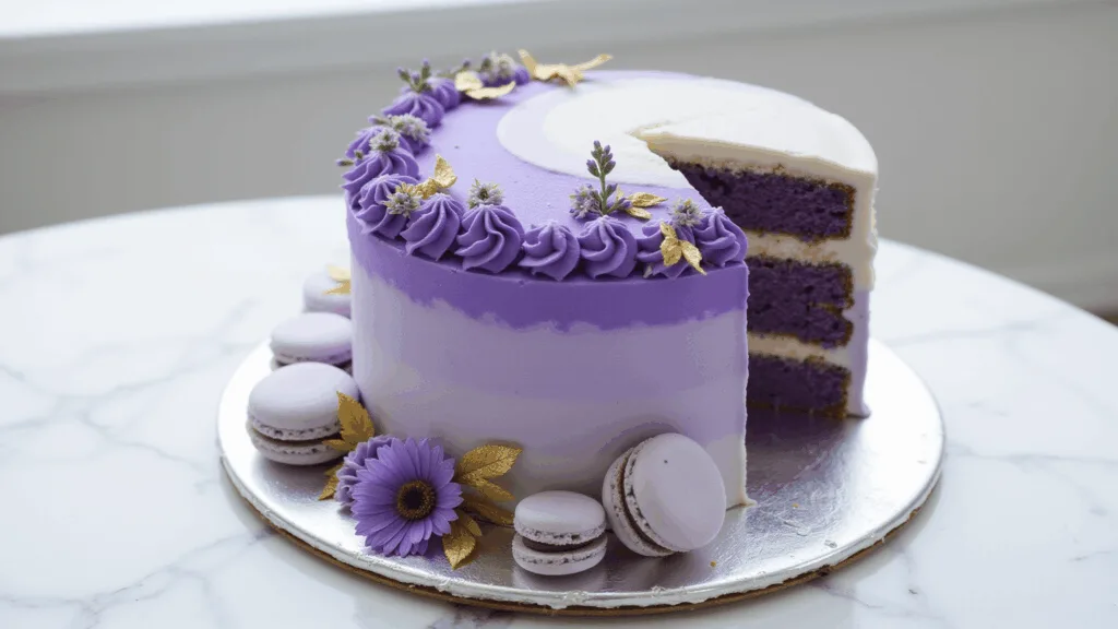 A stunning two-tier purple ombre cake with gold accents, featuring a smooth buttercream finish, delicate piped rosettes, fresh lavender sprigs, and macarons on a silver cake stand against a white marble background, illuminated by natural light.