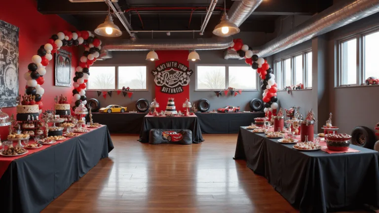 Wide-angle shot of a racing-themed indoor party space with daylight highlighting a checkered flag balloon arch. The red, black, and white color scheme is accented with metallic silver. Foreground features a dessert table with tire-shaped donuts and race car cake. Mid-ground has activity stations with remote-controlled cars and crafts, and the background displays a "Start Your Engines" banner. Inflatable tires and mason jar centerpieces with racing flags decorate tables, enhanced by dramatic professional lighting.