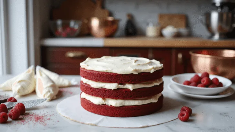 A three-layered red velvet cake being decorated with white chocolate buttercream on a marble countertop, surrounded by baking tools and fresh raspberries, in soft natural light.