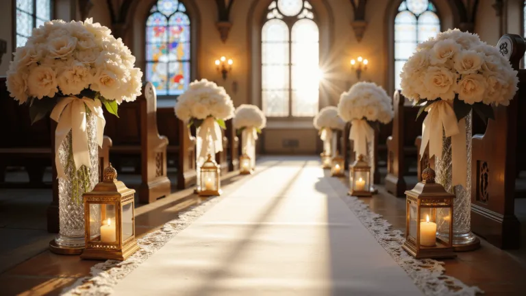 A sunlit church aisle with crystal vases of hydrangeas, roses, orchids, and brass lanterns, with a satin runner and stained glass light.