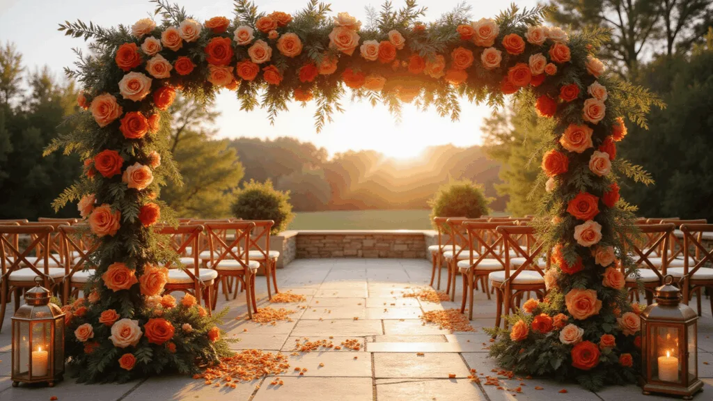 Photorealistic wide shot of a romantic garden wedding ceremony at golden hour, featuring a dramatic floral arch with copper-toned and peach roses, natural wood chairs, flickering lanterns, and orange petal accents, all enhanced by ethereal sunlight and soft bokeh effects.