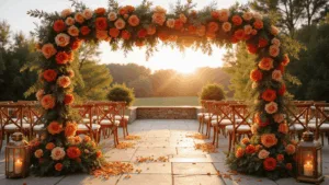 Photorealistic wide shot of a romantic garden wedding ceremony at golden hour, featuring a dramatic floral arch with copper-toned and peach roses, natural wood chairs, flickering lanterns, and orange petal accents, all enhanced by ethereal sunlight and soft bokeh effects.
