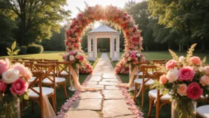 Cinematic wide-angle shot of a garden wedding ceremony at golden hour with a floral arch of pink to coral roses and peonies, vintage chairs, and a flower-draped gazebo in warm sunlight, captured in 8K with shallow depth of field.