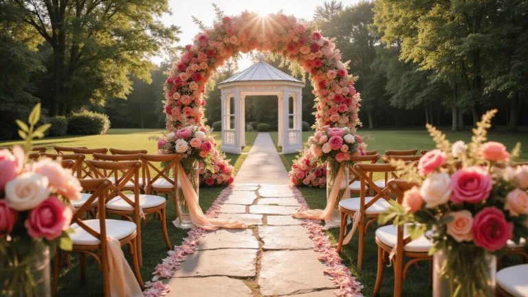Cinematic wide-angle shot of a garden wedding ceremony at golden hour with a floral arch of pink to coral roses and peonies, vintage chairs, and a flower-draped gazebo in warm sunlight, captured in 8K with shallow depth of field.