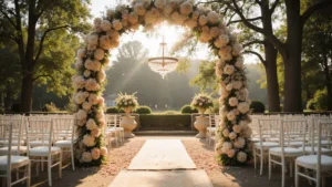 A cinematic photograph of a romantic garden wedding ceremony at golden hour, featuring a white floral arch with peonies, roses, and orchids in soft tones, crystal chandeliers hanging from trees, and a rose petal-lined aisle with Persian rugs. Rows of elegant white chairs are illuminated by natural sunlight filtered through trees, creating a dreamy atmosphere with lens flare effects.