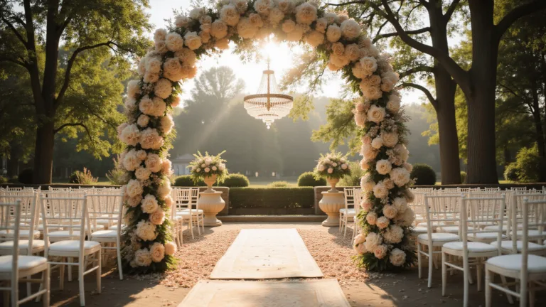 A cinematic photograph of a romantic garden wedding ceremony at golden hour, featuring a white floral arch with peonies, roses, and orchids in soft tones, crystal chandeliers hanging from trees, and a rose petal-lined aisle with Persian rugs. Rows of elegant white chairs are illuminated by natural sunlight filtered through trees, creating a dreamy atmosphere with lens flare effects.