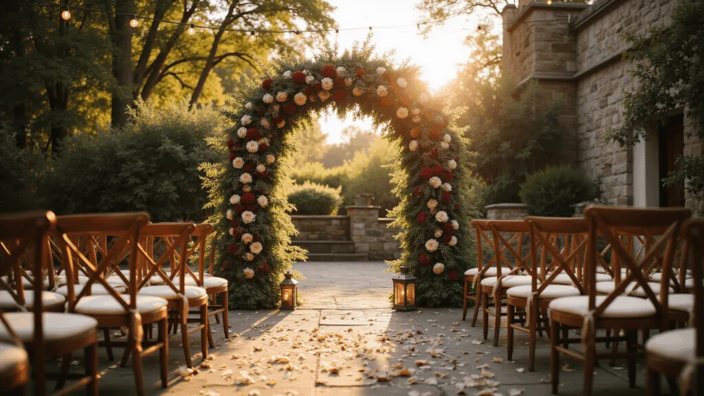 Cinematic wide-angle photograph of a romantic garden wedding ceremony at golden hour, featuring an 8-foot floral arch of burgundy dahlias and blush roses, antique chairs, and bistro lights overhead, creating a dreamy atmosphere.