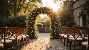 Cinematic wide-angle photograph of a romantic garden wedding ceremony at golden hour, featuring an 8-foot floral arch of burgundy dahlias and blush roses, antique chairs, and bistro lights overhead, creating a dreamy atmosphere.