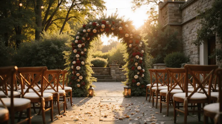 Cinematic wide-angle photograph of a romantic garden wedding ceremony at golden hour, featuring an 8-foot floral arch of burgundy dahlias and blush roses, antique chairs, and bistro lights overhead, creating a dreamy atmosphere.