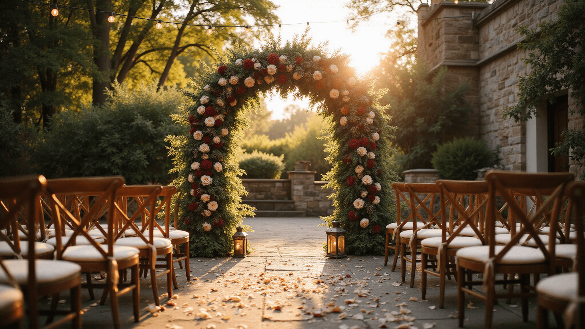 Cinematic wide-angle photograph of a romantic garden wedding ceremony at golden hour, featuring an 8-foot floral arch of burgundy dahlias and blush roses, antique chairs, and bistro lights overhead, creating a dreamy atmosphere.