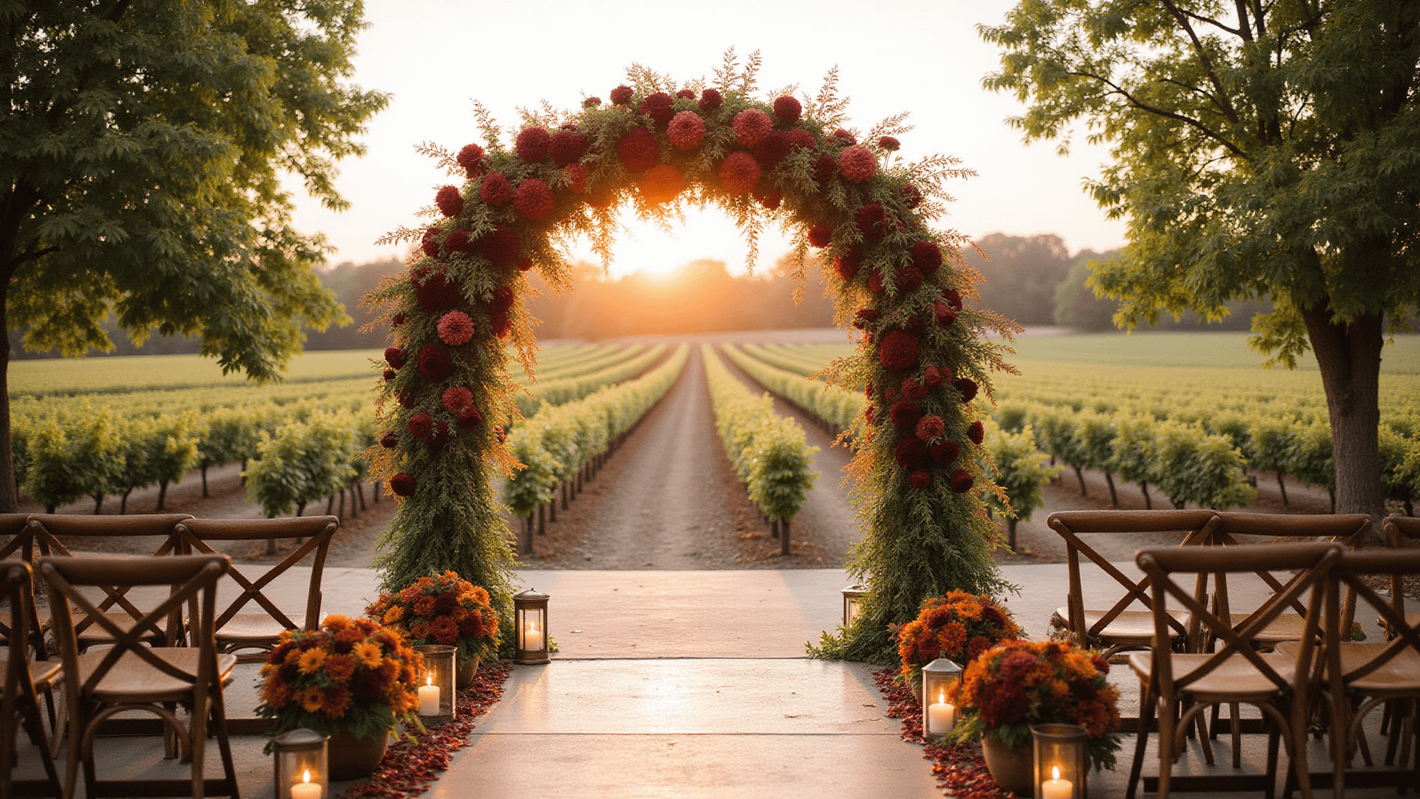 A cinematic golden-hour vineyard wedding with an 8-foot floral arch of burgundy dahlias, chocolate cosmos, and plum roses against a sunset, surrounded by cross-back chairs with autumn bouquets and brass lanterns.