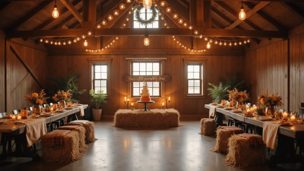 Rustic barn interior decorated for a first birthday, featuring ombré cake with pumpkins, autumn-themed farmhouse tables, hay bale seating, fairy lights, and "Our Little Pumpkin is One" sign.