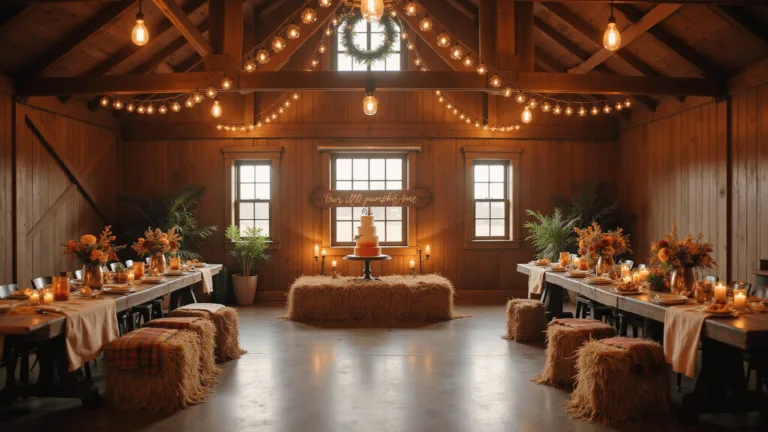 Rustic barn interior decorated for a first birthday, featuring ombré cake with pumpkins, autumn-themed farmhouse tables, hay bale seating, fairy lights, and "Our Little Pumpkin is One" sign.