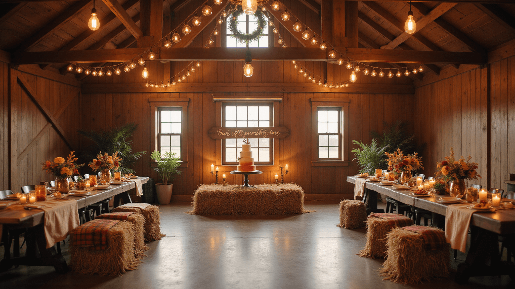 Rustic barn interior decorated for a first birthday, featuring ombré cake with pumpkins, autumn-themed farmhouse tables, hay bale seating, fairy lights, and "Our Little Pumpkin is One" sign.