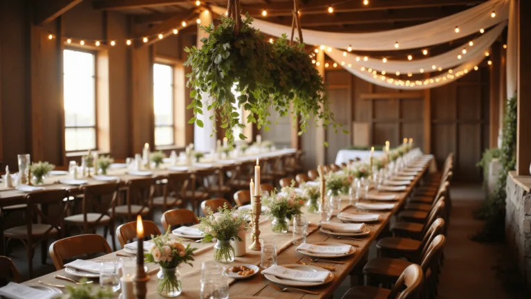 A rustic barn wedding reception at sunset with wooden beams, chiffon fabric, twinkle lights, farmhouse tables, mason jar centerpieces, vintage china, and golden sunlight streaming through windows.