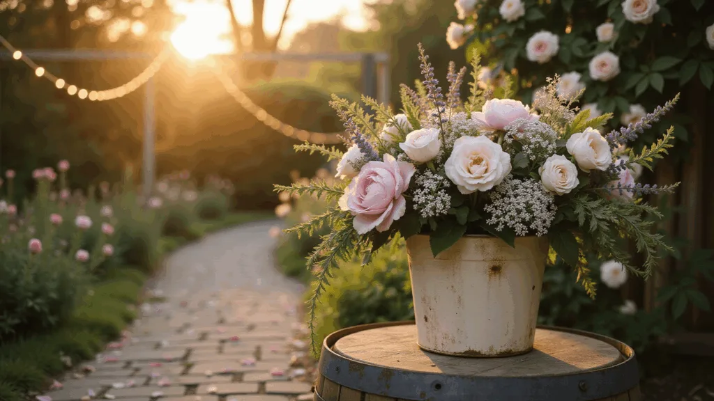 A weathered cream metal bucket overflowing with wildflowers and garden roses on a vintage wooden barrel, with warm sunlight filtering through climbing roses, casting shadows on a stone pathway scattered with rose petals.