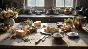 A professional bakery workspace with natural morning light, featuring artfully arranged ingredients for a rustic naked wedding cake, including farm-fresh eggs, sifted flour, premium butter, and vintage mixing bowls, surrounded by fresh flowers and berries, all captured in a dreamy, cinematic style.