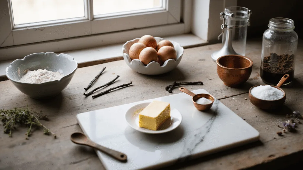 A rustic wedding cake preparation scene featuring natural ingredients arranged on a weathered wooden table, with sunlight casting soft shadows on flour, farm-fresh eggs, golden butter, and crystalline sugar, complemented by vintage kitchenware and seasonal wildflowers.