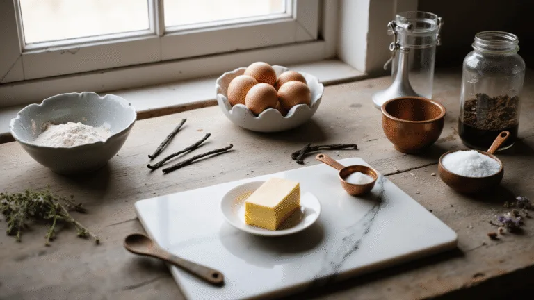 A rustic wedding cake preparation scene featuring natural ingredients arranged on a weathered wooden table, with sunlight casting soft shadows on flour, farm-fresh eggs, golden butter, and crystalline sugar, complemented by vintage kitchenware and seasonal wildflowers.
