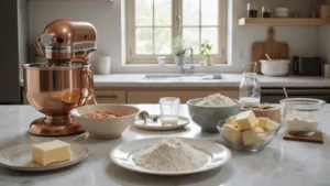 Photorealistic image of a sunlit modern kitchen with marble countertop featuring a copper KitchenAid stand mixer, vintage ceramic mixing bowls, sifted cake flour, farm-fresh eggs, European butter blocks, and organic sugar in mason jar, with soft shadows and rustic elegance.
