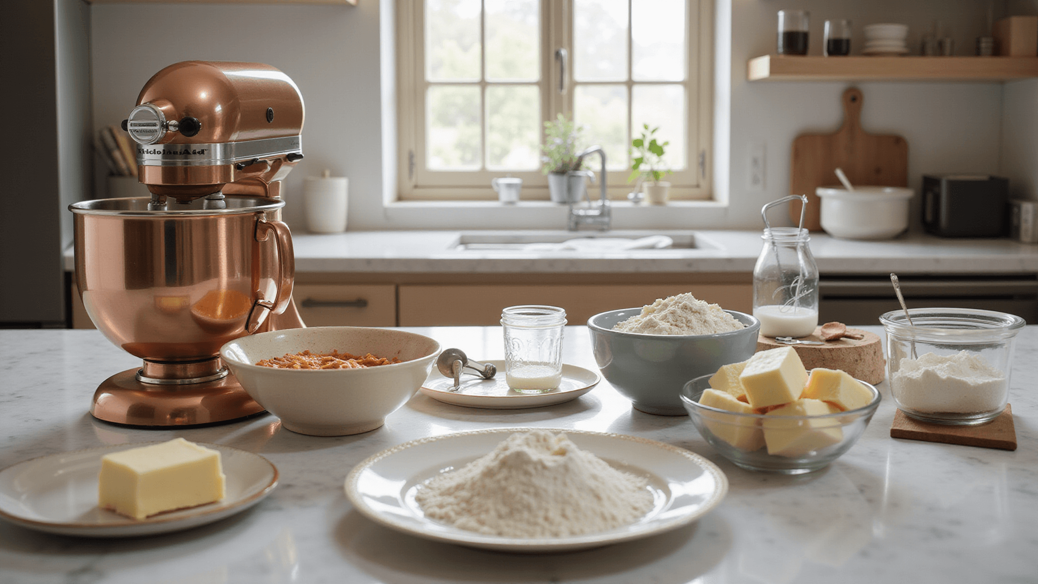 Photorealistic image of a sunlit modern kitchen with marble countertop featuring a copper KitchenAid stand mixer, vintage ceramic mixing bowls, sifted cake flour, farm-fresh eggs, European butter blocks, and organic sugar in mason jar, with soft shadows and rustic elegance.