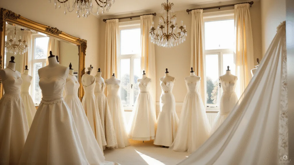 A luxurious bridal boutique interior showcasing silk wedding dresses on elegant mannequins, illuminated by warm sunlight. The space features vintage chandeliers, ornate mirrors, and cream-colored walls, with a focus on the intricate fabric draping and pearl embellishments of the dresses.