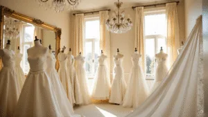 A luxurious bridal boutique interior showcasing silk wedding dresses on elegant mannequins, illuminated by warm sunlight. The space features vintage chandeliers, ornate mirrors, and cream-colored walls, with a focus on the intricate fabric draping and pearl embellishments of the dresses.