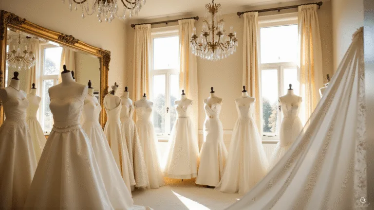A luxurious bridal boutique interior showcasing silk wedding dresses on elegant mannequins, illuminated by warm sunlight. The space features vintage chandeliers, ornate mirrors, and cream-colored walls, with a focus on the intricate fabric draping and pearl embellishments of the dresses.