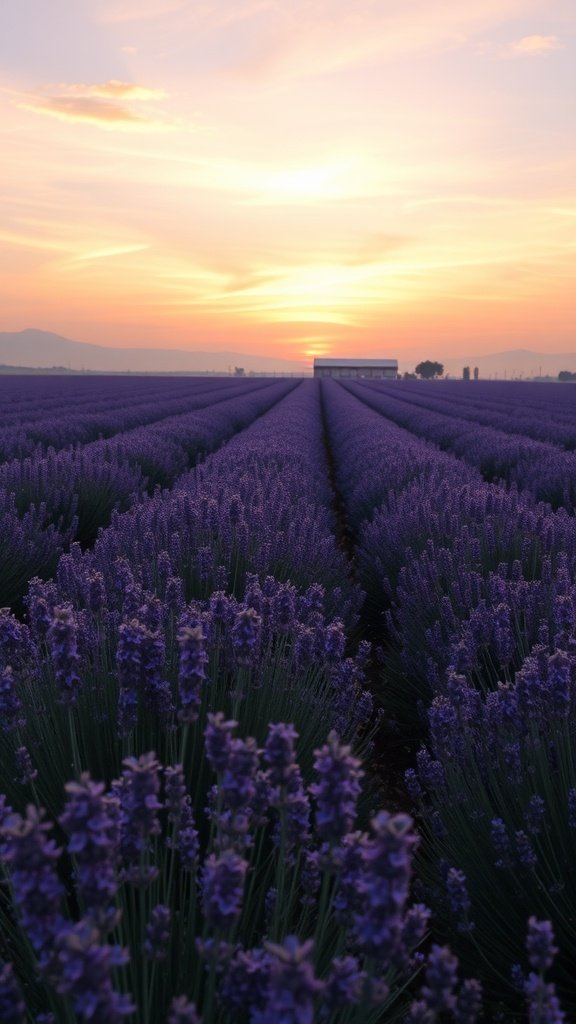 50 Stunning Flower Phone Wallpapers to Brighten Your Screen Lavender fields at dusk with a sunset in the background.