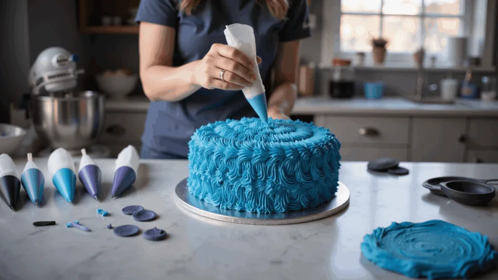 A vibrant blue Stitch-themed cake being decorated in a professional kitchen, with expert hands piping buttercream fur details on a silver turntable, surrounded by organized piping bags and fondant tools, illuminated by natural morning light.