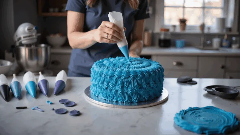 A vibrant blue Stitch-themed cake being decorated in a professional kitchen, with expert hands piping buttercream fur details on a silver turntable, surrounded by organized piping bags and fondant tools, illuminated by natural morning light.