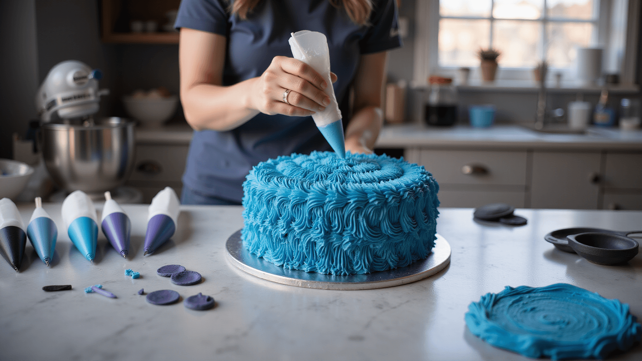A vibrant blue Stitch-themed cake being decorated in a professional kitchen, with expert hands piping buttercream fur details on a silver turntable, surrounded by organized piping bags and fondant tools, illuminated by natural morning light.