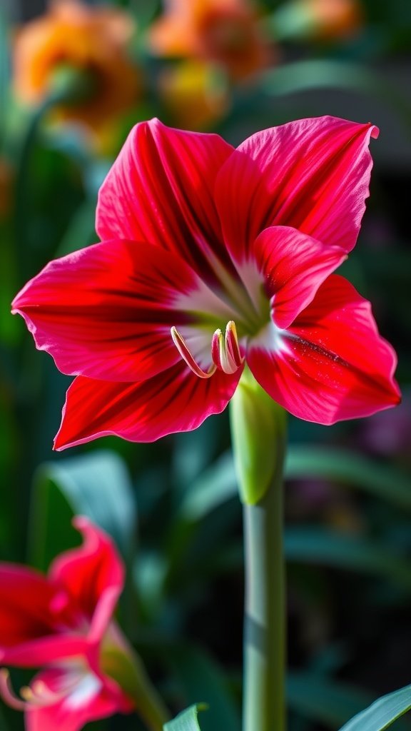 50 Stunning Flower Phone Wallpapers to Brighten Your Screen Close-up of a vibrant red amaryllis flower with striking stripes and green foliage in the background